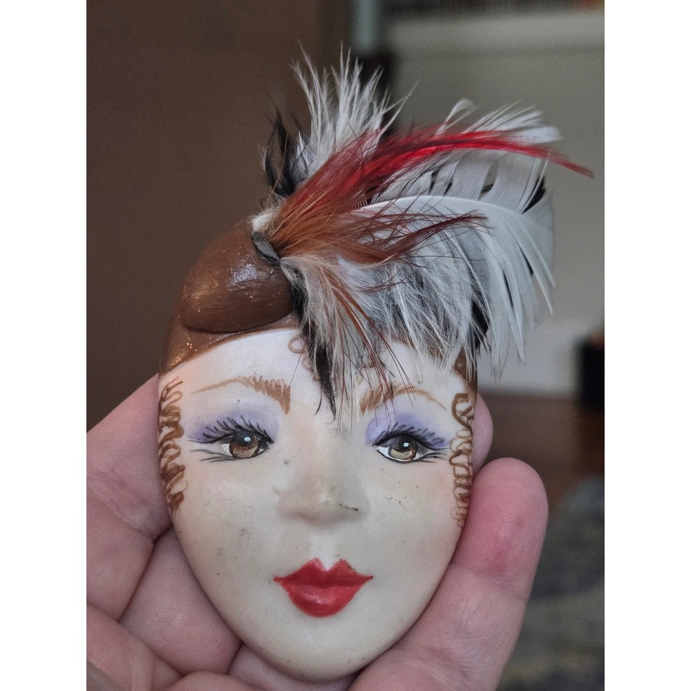 Face Brooch Ceramic Flapper Feathers Handpainted Signed Virginia Nesselrotte
